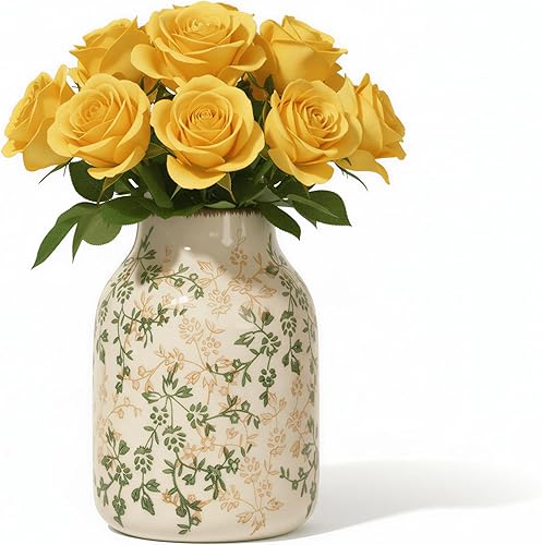 Jarrón rústico de cerámica vintage, florero decorativo beige y verde de 7.8 pulgadas, jarrón estético de cerámica de granja para decoración del