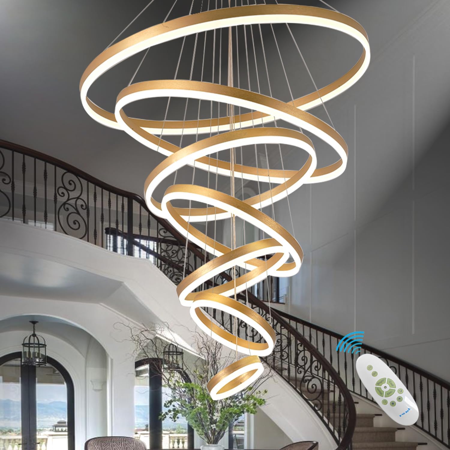 39.37" Larger Chandelier for High Ceilings Foyer Entryway Staircase,7 Ring Chandelier Dimmable Gold Modern Chandelier with Remote Color Changing Gold X-Large,D39.37",7r