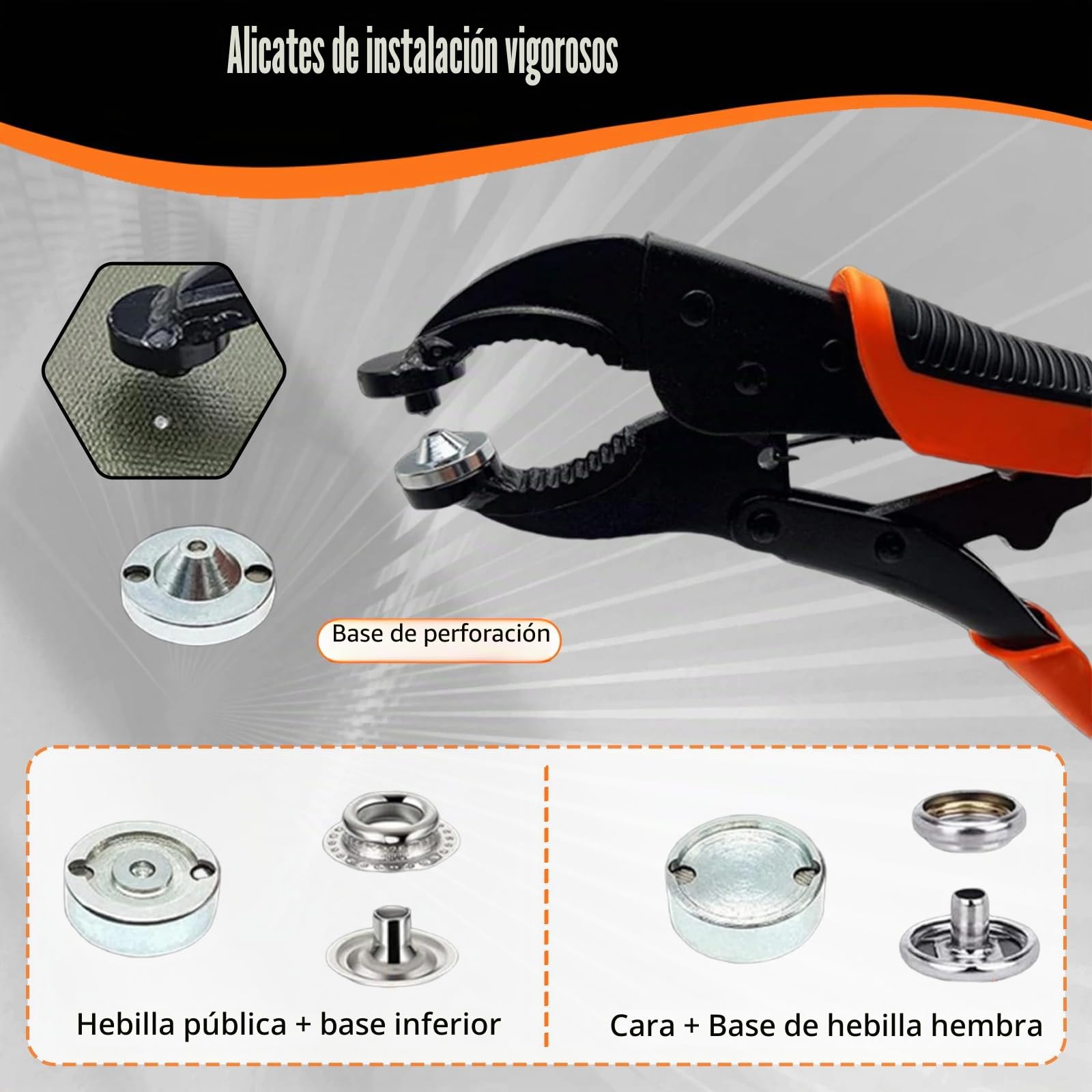 Corchetes de Presión Metálicos Kit - Alicates Ajustables con 3 Matrices Magnéticas, 100 Botones de 15mm para Cuero, Lona, Barcos, Ropa y Bricolaje