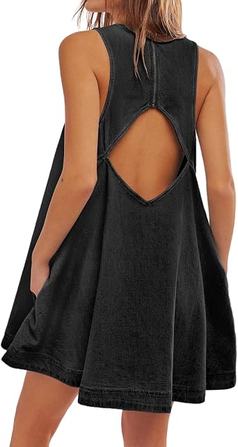 Womens Denim Dress Sleeveless Casual Crewneck Vintage Babydoll Jean Mini Dresses with Pockets