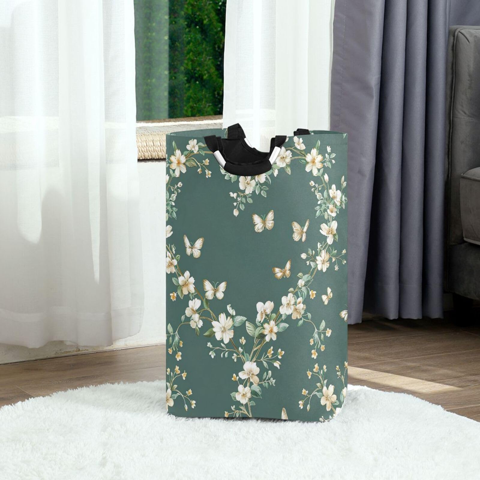 Jihqo Laundry Hamper Basket Heart-shaped Floral Collapsible Nursery Storage Bin Waterproof Clothing Baskets for Home Bedroom Bathroom Washing Room