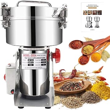 2000 جرام مطحنة الحبوب الكهربائية مطحنة التوابل الفولاذ المقاوم للصدأ 30s 28000RPM طحن عالي السرعة مع حماية من الحمل الزائد ومطحنة مؤقت 5 دقائق لأعشاب التوابل الجافة / المكسرات / القهوة / الأرز