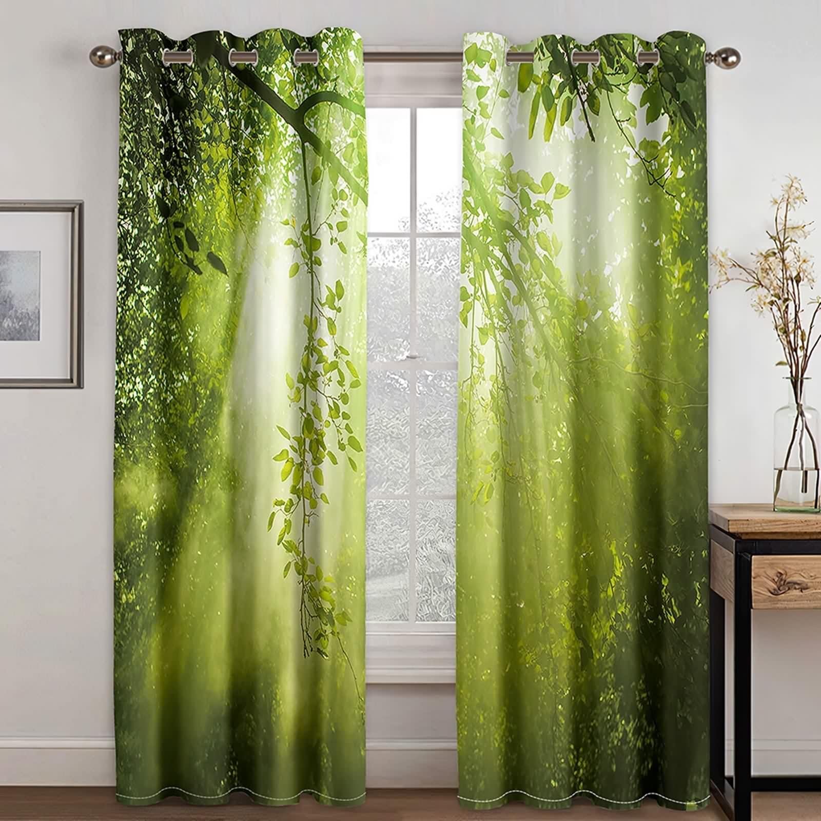 Rideau Stof Polyester, Rideau Anniversaire Vert Branches et Soleil Décoration Chambre Salon 102L x 214H CM Lot de 2