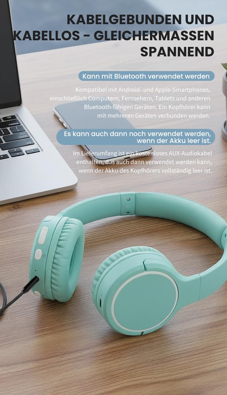 KO-Star Over Ear Kopfhörer Kabellos Bluetooth BT-1700 – 40 mm Treiber, AUX Kabel, Mikrofon, faltbar, Bluetooth 5.2, bis 20 Std. Akku, USB-C
