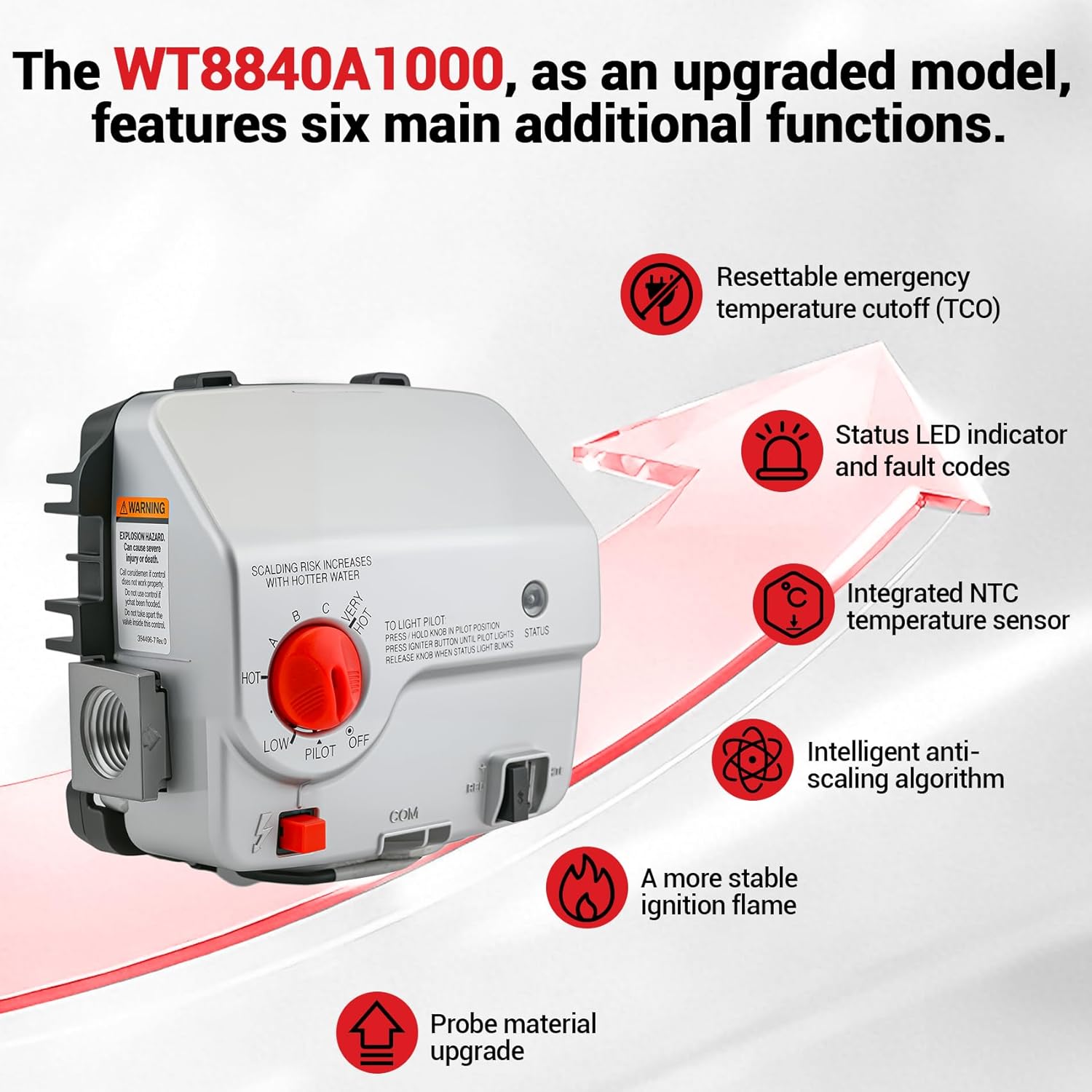 WT8840A1000 Upgraded Water Heater Gas Standing Pilot Control Valve(OEM), Compatible with Honeywell, Bradford White etc. Replaceable part numbers: WV8840A1000, WV8840A1001, 415-52907-01.