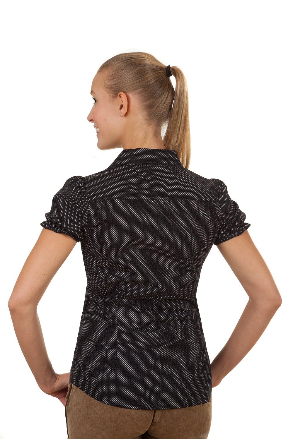 Edelnice Trachten Bluse mit Herz Applikation und Röschen, Damen, Schwarz, Gepunktet, Rüschenärmel, M (EU), Regular, Damen Bluse, Shirt, Hemd