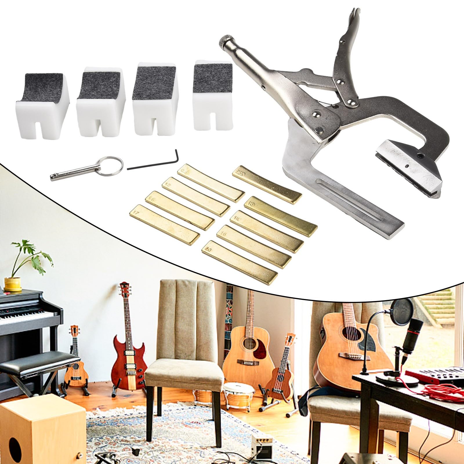 Strumento portatile con 9 inserti per raggio, per liutaio, regolabile, in acciaio, con supporto per il collo, per basso, ukulele, mandolino, banjo, fret con 9 inserti per raggio