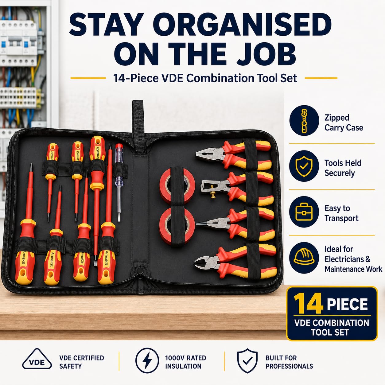 ArmaKit VDE - Set di attrezzi combinati, 14 pezzi, kit di attrezzi isolati, testato e certificato secondo IEC60900 1000 V (AKVDE-14t)