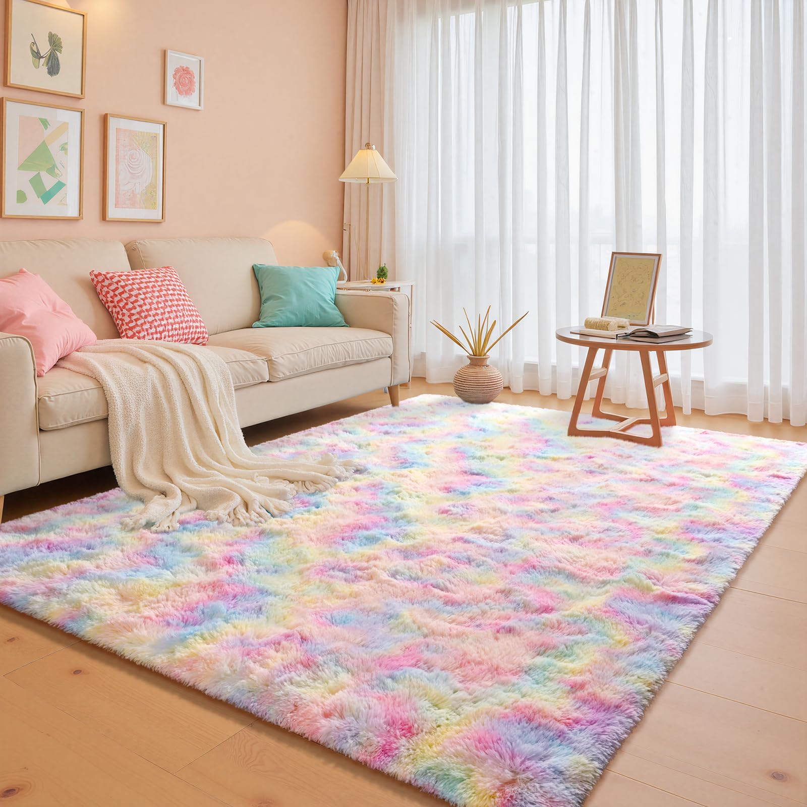 junovo Soft Rainbow Area Rugs for Girls Room, Fluffy Colorful Rugs Cute Floor Carpets Shaggy Playing Mat for Kids Baby Girls Bedroom Nursery Home Decor, 5ft x 8ft