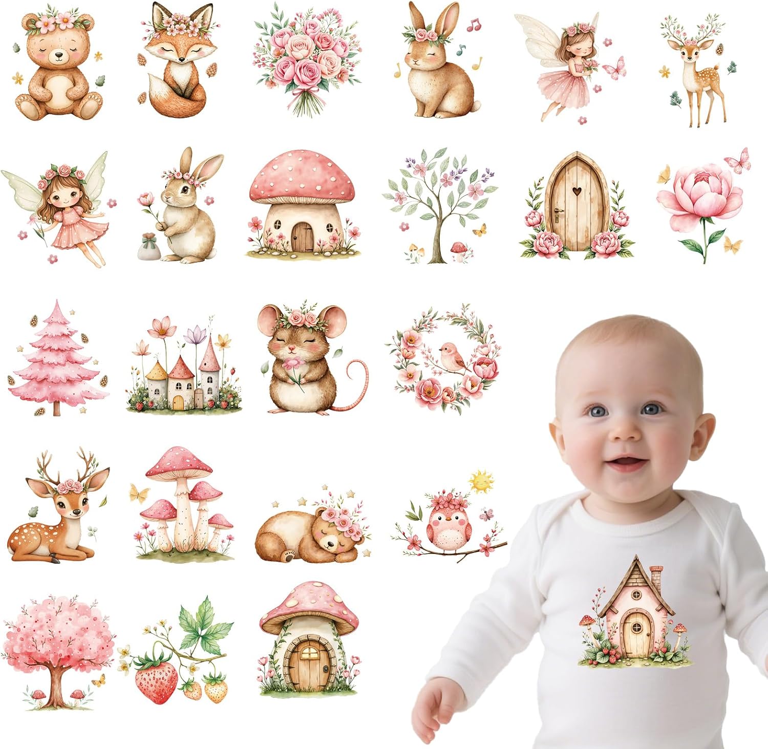 Wxiben Dtf Transfers Ready to Press - 24 Pcs Spring Baby Iron on Transfers for T-Shirts Floral Animals Fairy Heat Transfer Vinyl Decal Sticker Iron on Patches for Clothes Baby Shower Bodysuit Bag DIY