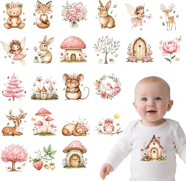 Wxiben Dtf Transfers Ready to Press - 24 Pcs Spring Baby Iron on Transfers for T-Shirts Floral Animals Fairy Heat Transfer Vinyl Decal Sticker Iron on Patches for Clothes Baby Shower Bodysuit Bag DIY