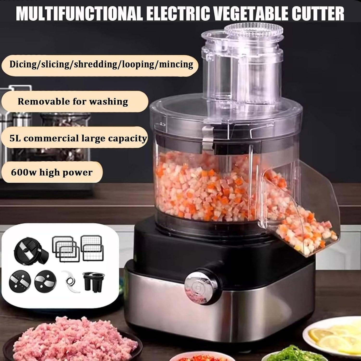 Cortador eléctrico de verduras, procesador de alimentos comercial, molinillo de carne multifuncional con 5 moldes y 2 ajustes de velocidad para cebollas, papas, zanahorias