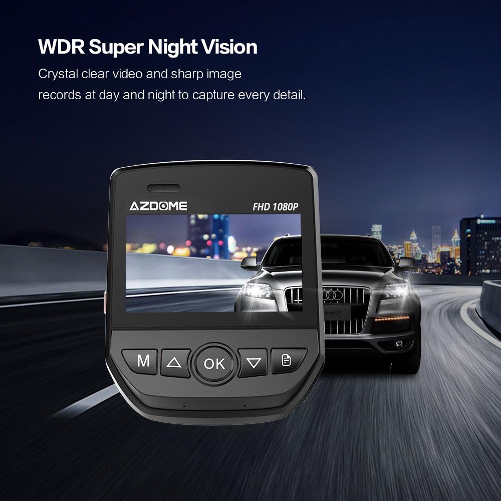 AZDOME A305 Dashcam screen displaying a night scene with a car, highlighting WDR Super Night Vision.