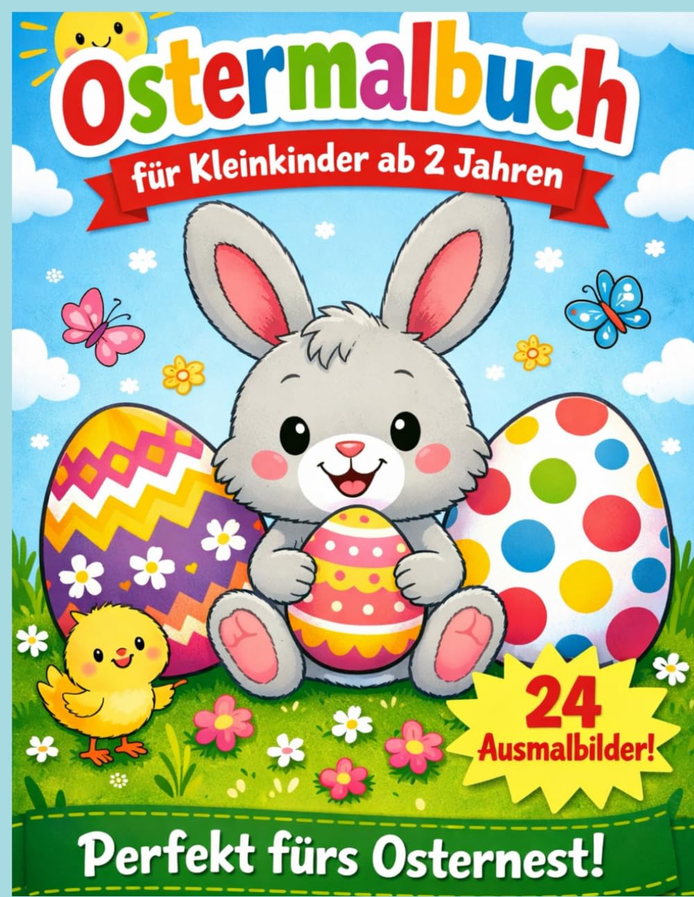 Ostermalbuch für Kleinkinder ab 2 Jahren: 24 einfache Ausmalbilder mit Osterhasen, Ostereiern und Frühlingsmotiven