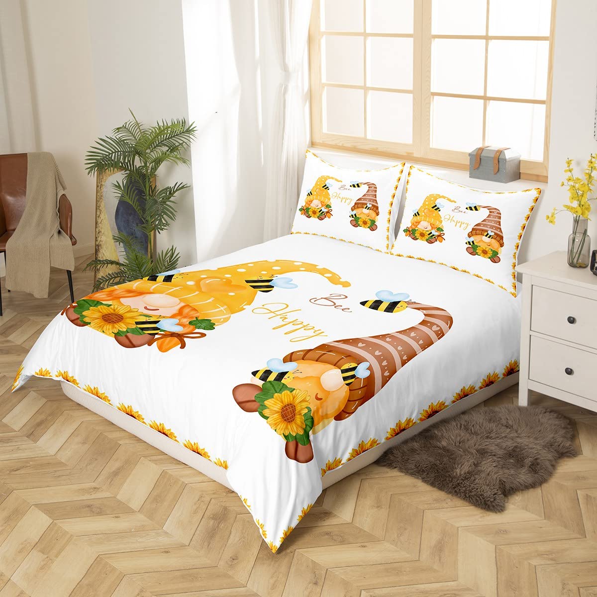 Cute Gnomes Duvet Cover For Kids Teens Adult Rustic Sunflower Bedding Set Double Size Countryside Honeybee Comforter Cover All Season Spring Gnome Floral Bed Cover With 2 Pillowcase Ultra Soft - Image 2
