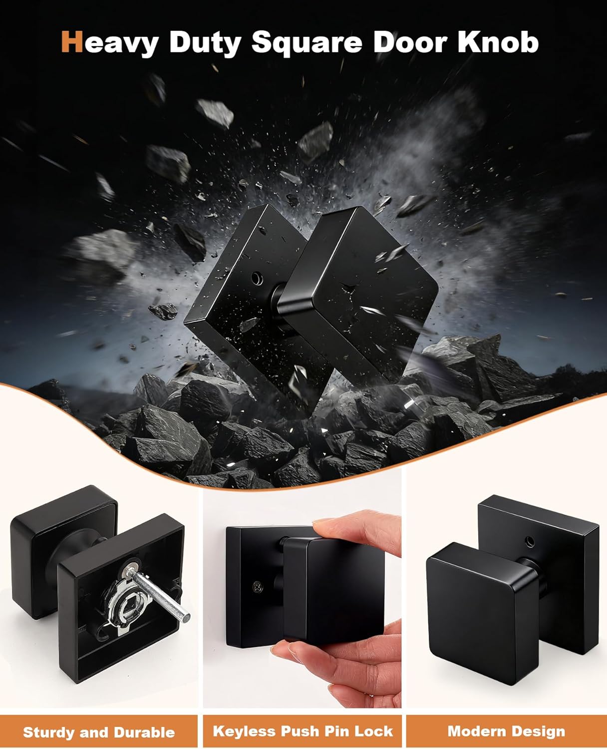 Probrico 6 Pack Black Square Door Knobs, Modern Heavy Duty Design Door Handle for Bedroom Bathroom, Keyless Privacy Interior Door Knob with Lock