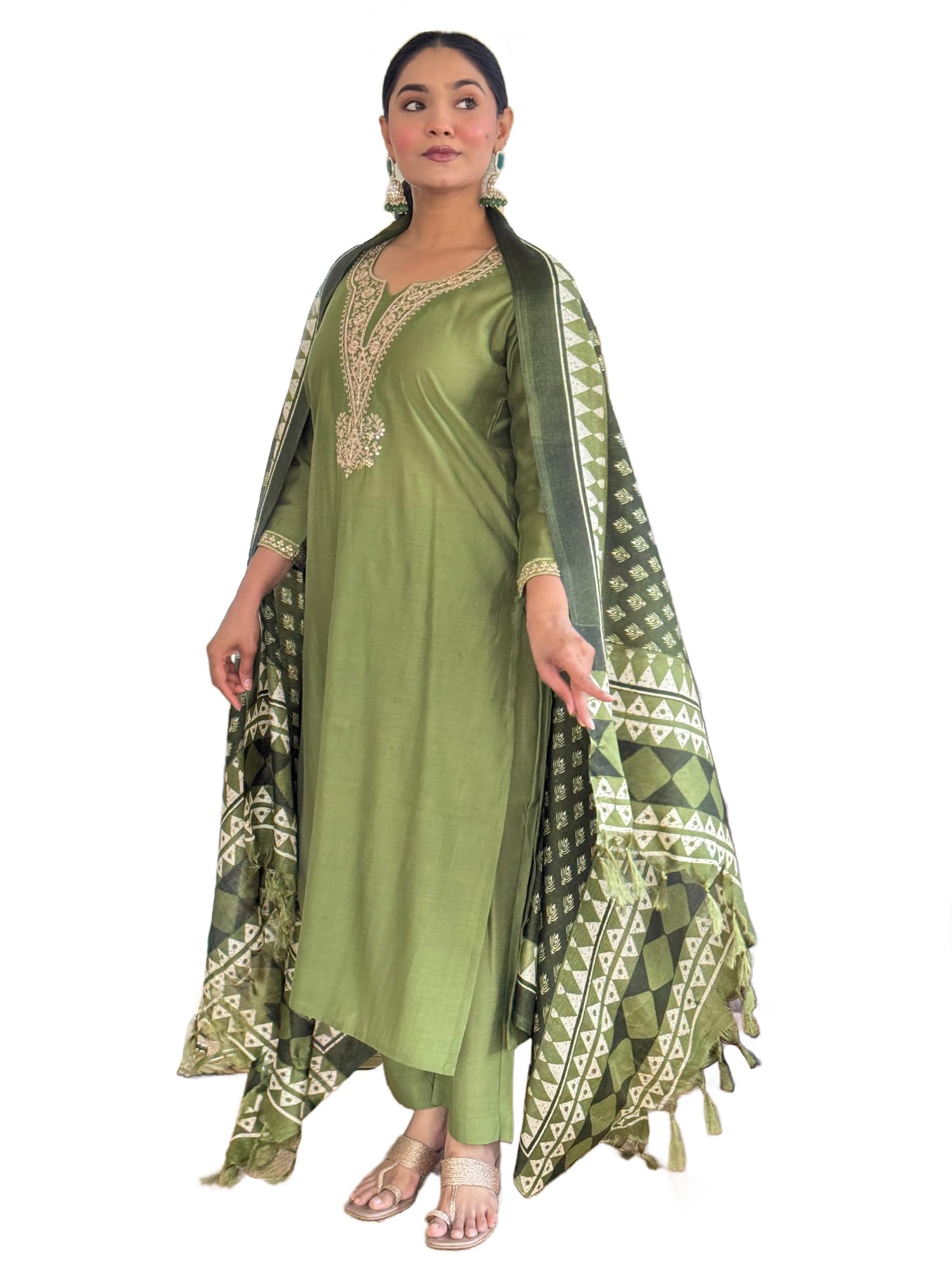indo era Women's Pink Silk Blend Embroidered Straight Kurta & Pant with Dupatta Set-picture-12
