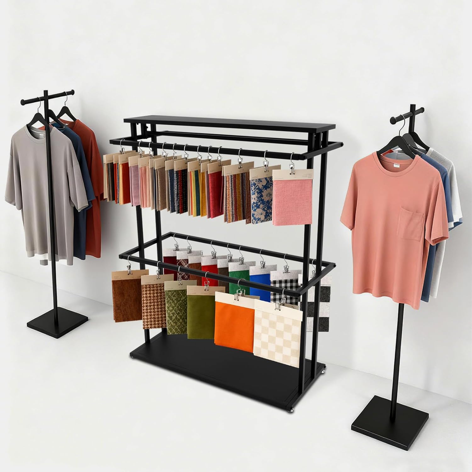 Fabric Sample Display Rack Floor-Standing Sample Carpets/Rug/Blanket/Scarf/Curtain Display Stand 110LBS Pole Load Capacity Commercial Organizer Holder for Fabric Showrooms Clothing Retail Store (Black)