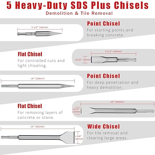 Miniatura 5 de Juego de 19 brocas de martillo SDS Plus para hormigón y cinceles, juego de brocas de mampostería de punta de carburo cruzado, brocas de hormigón