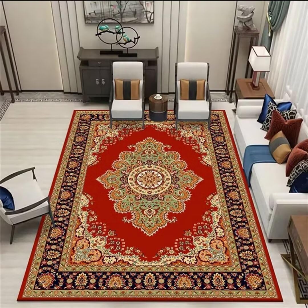 Tapis doux et lavable unicolore rouge au design floral rétro chic 120x180cm