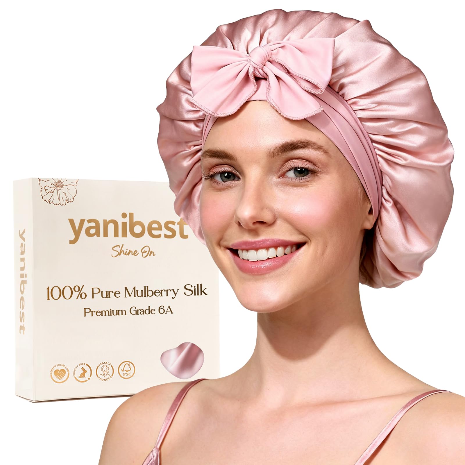 Yanibest Women's Blushpink 22 Momme 100% Mulberry Silk Bonnet For Sleeping ,Double Layer Sleep Bonnet With Tie Band, Sleep Cap