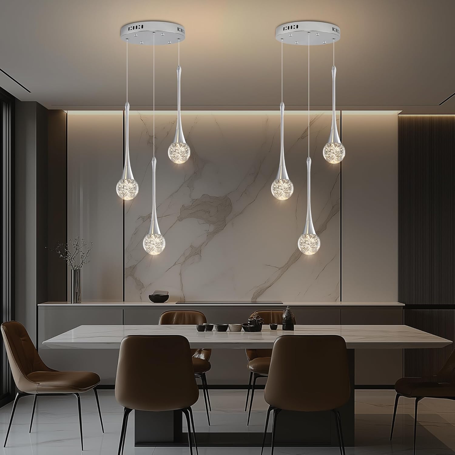 Modern Crystal Kitchen Island Chandelier 3-Lights Chrome, LED Dimmable Raindrop Indoor Lighting Fixture for Dining Room Foyer Entryway Remote Control