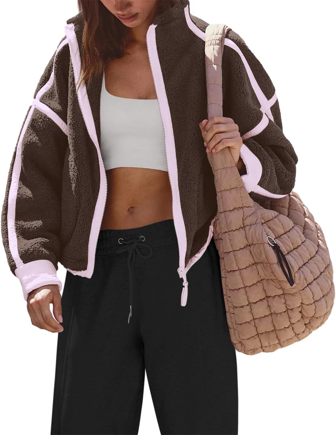 Womens Sherpa Fleece Jacket Zip Up Fuzzy Casual Oversized sweatshirts with Pockets Fall Winter Cozy Outerwear - Image 4