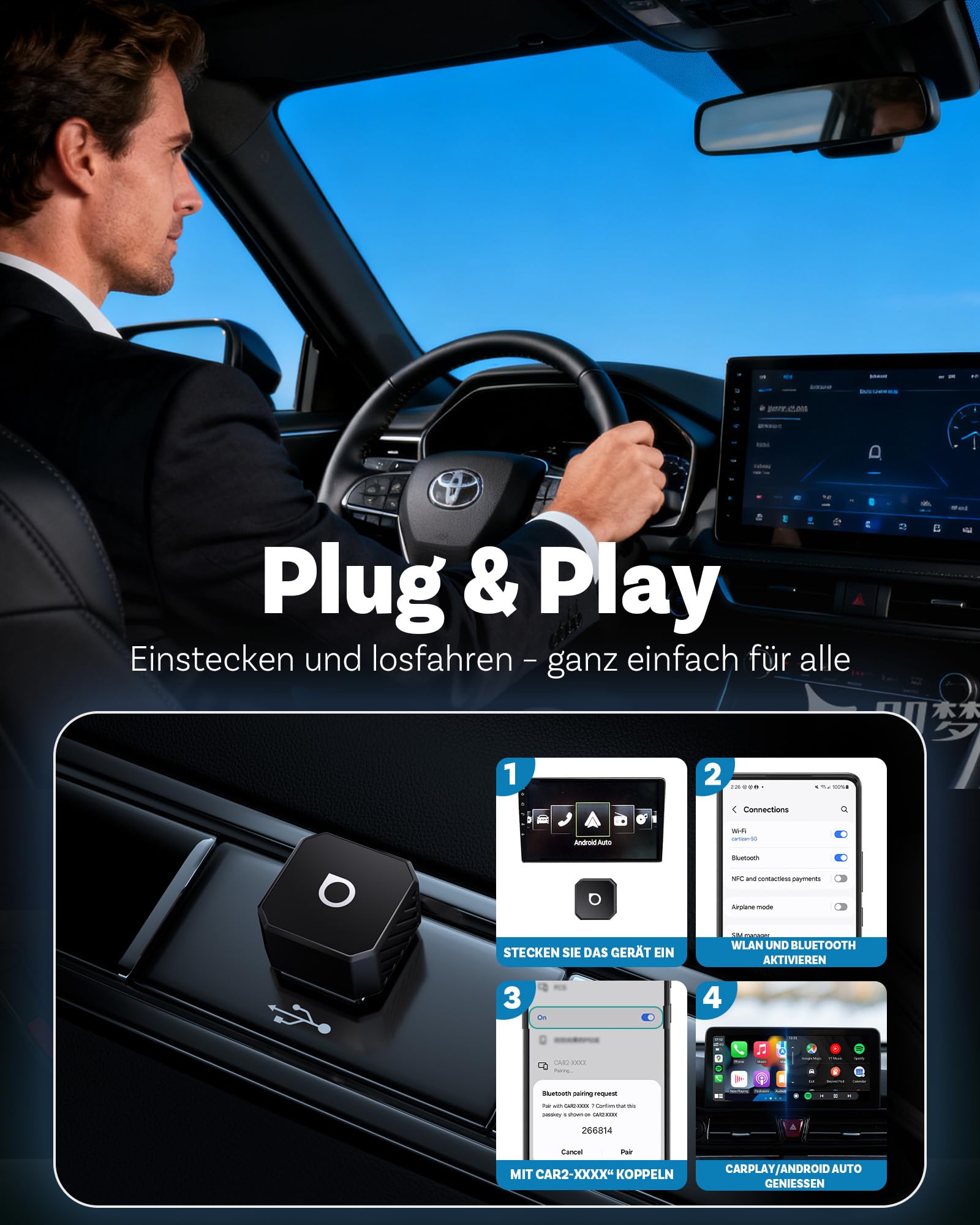 2026 Upgrade Ottocast Mini Pot, Wireless CarPlay & Android Auto Adapter, Plug & Play, WLAN 2.4G+5G, Automatische Verbindung, Kompatibel mit Autos ab 2016 mit kabelgebundenem CarPlay/AA (Schwarz)