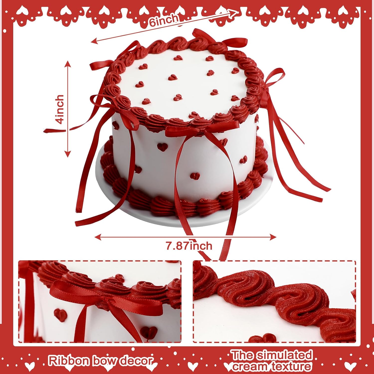 Remerry 6 Inch Red Bow White Round Fake Cake Funny Birthday Cake Decor Wedding Dessert Props Artificial White Dessert for Display Photography Women Birthday Wedding Gift Red Round