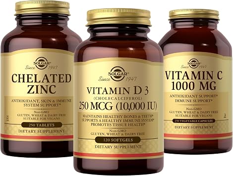 SOLGAR Vitamin C,D & Zinc Bundle Vitamin C 1000 mg, 250 Vegetable Capsules + D3 Cholecalciferol 250 MCG 10,000 IU, 120 Softgels + Chelated Zinc, 250 Tablets