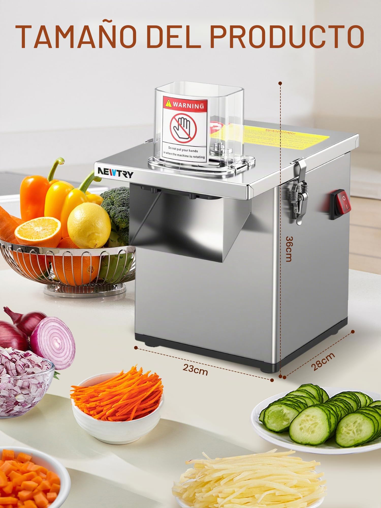NEWTRY Cortadora verduras eléctrica 200W 3-en-1 Gastro Acero corte | Motor potente, 150kg/h, corte en dados, rallador, alta eficiencia, duradero, versátil para restaurantes, cantinas, catering