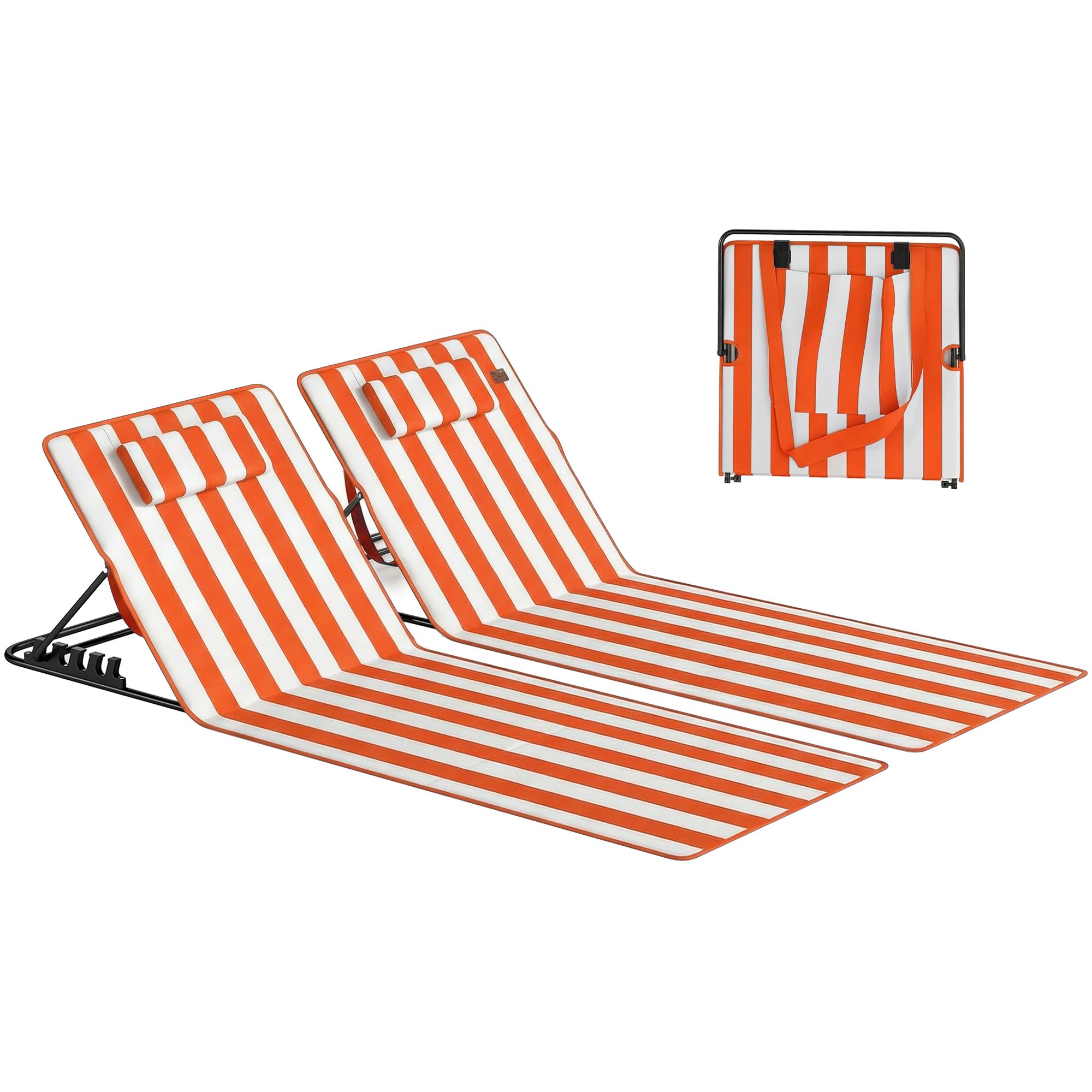 Outsunny Set 2 Lettini da Spiaggia con Schienale Regolabile su 4 Livelli, Lettini da Spiaggia Pieghevoli con Poggiatesta, Tasca Laterale, Lettino Prendisole per Mare Piscina, Arancione e Bianco