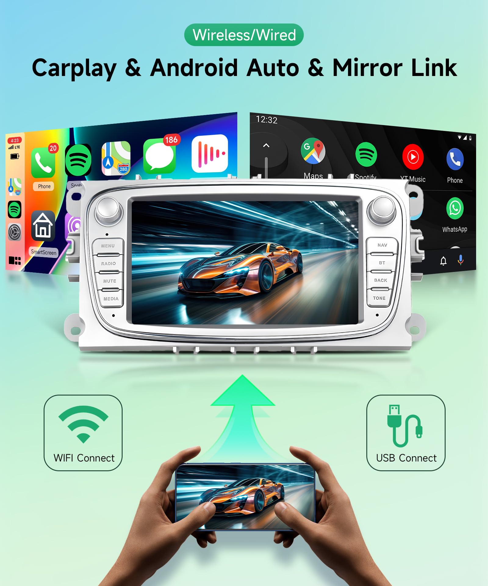 8 rdzeni 4G+64G Bezprzewodowe radio samochodowe z systemem Android do Ford Focus II mk2 Mondeo S-Max C-Max Galaxy 7 Pollici Radio samochodowe Android, Auto GPS, WiFi, lustro, łącze Bluetooth FM/RDS
