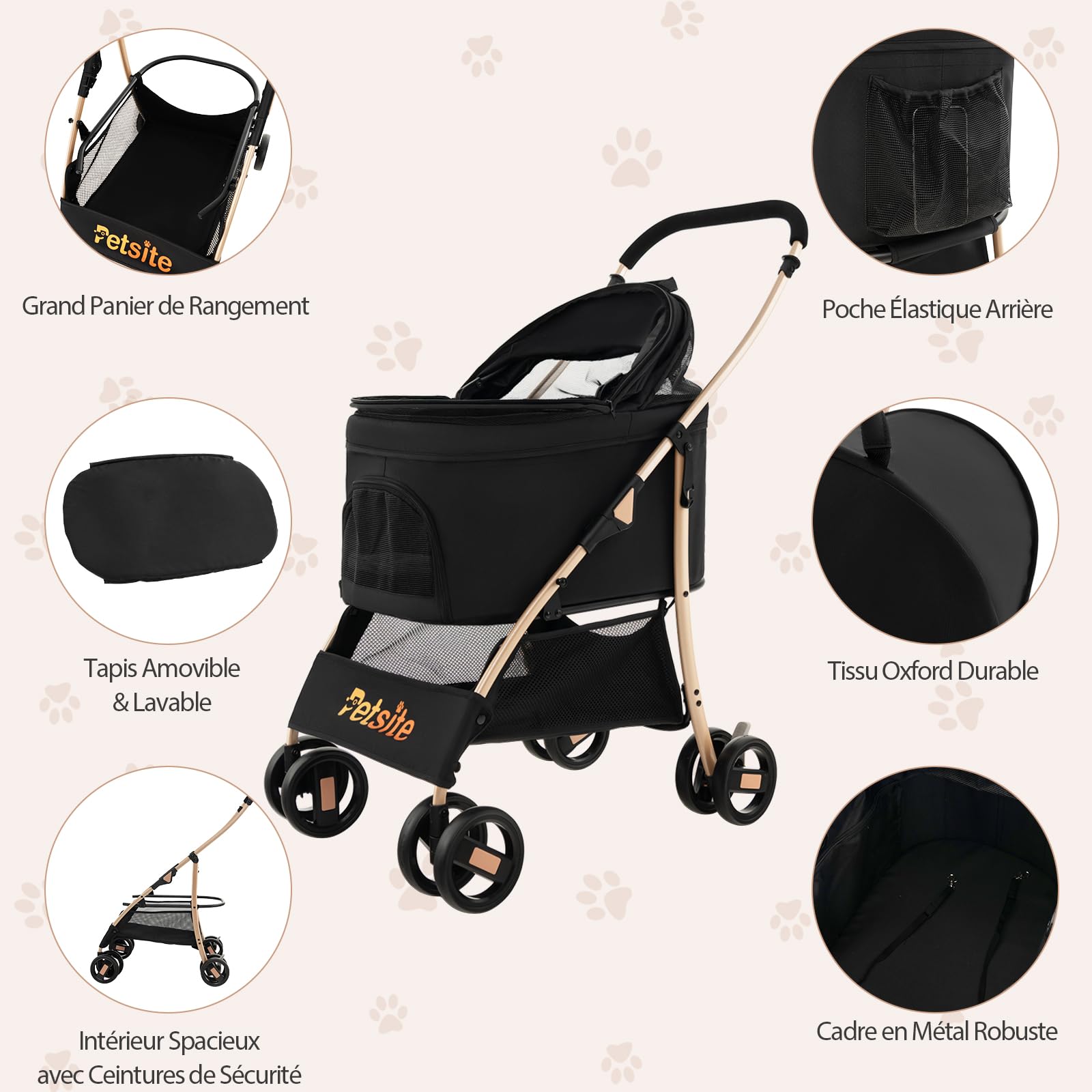 GOPLUS 3 en 1 Poussette pour Chien Chat, Poussette Pliable, Siège de Voiture Amovible, Auvent Réglable, Entrée en Maille Zippée, Panier de Rangement, pour Petits/Moyens Chiens Chats(Noir)