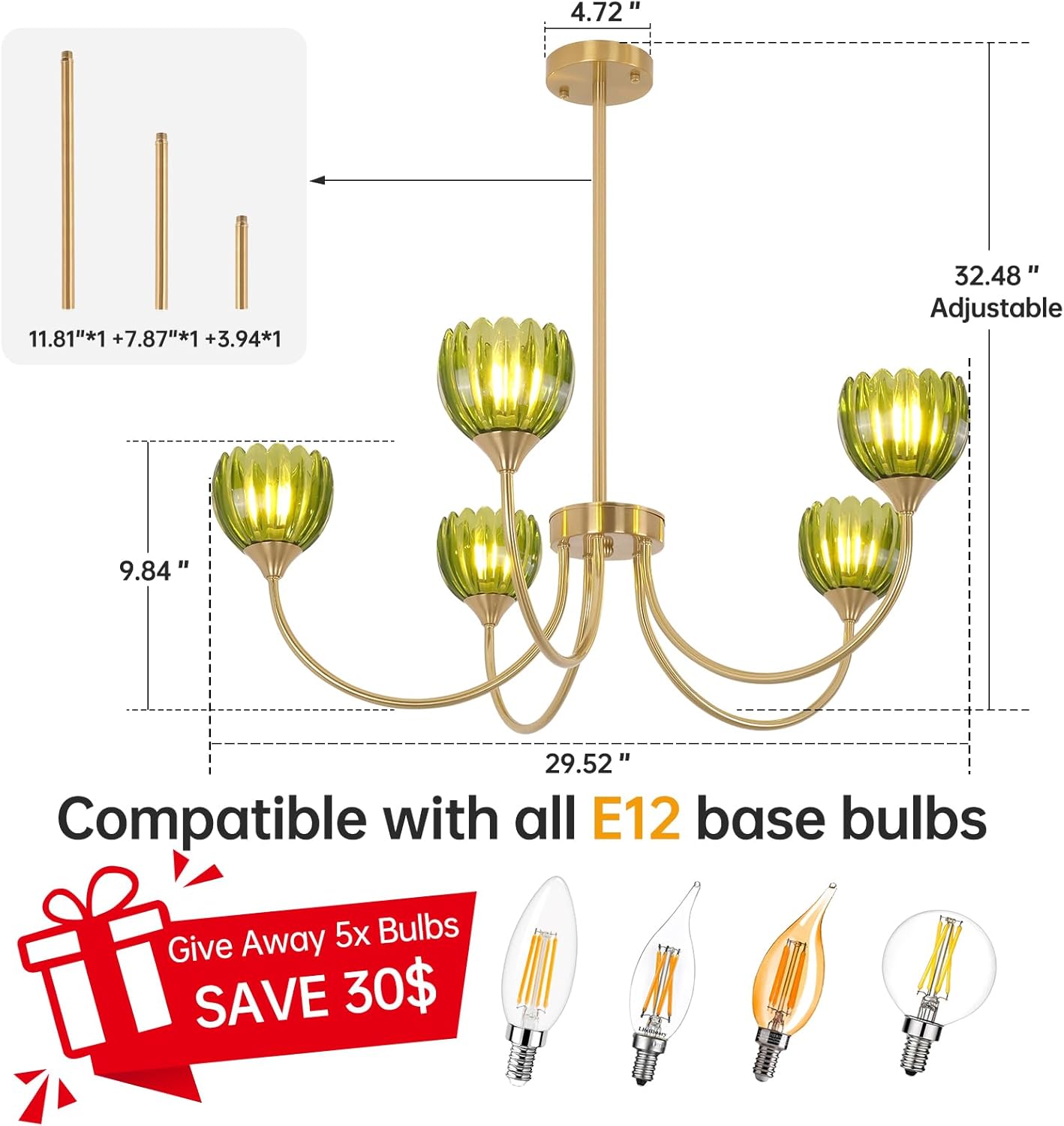 30.31" Brass Gold Chandelier, 5-Light Chandelier Light with Green Tulip Glass Lampshade, Height Adjustable Vintage Chandeliers for Dining Room Living Room Kitchen Island
