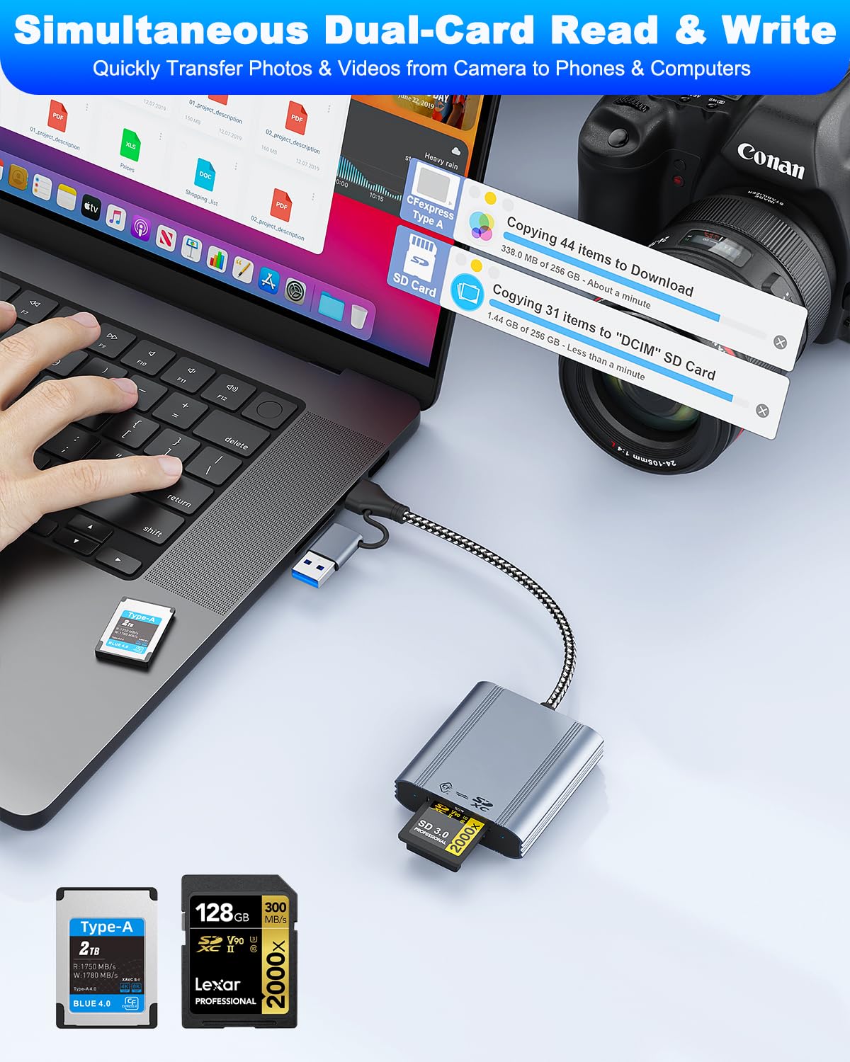 CFexpress Typ A & SD Kartenleser, USB 3.2 Gen 2 10Gbps Dual Slot, USB C / USB A 2-in-1 Kabel, gleichzeitiges Lesen/Schreiben, für Windows/Mac/iOS/Android/Linux, für Sony A1/A9/A7R V/A7 IV/FX3/FX6/FX30