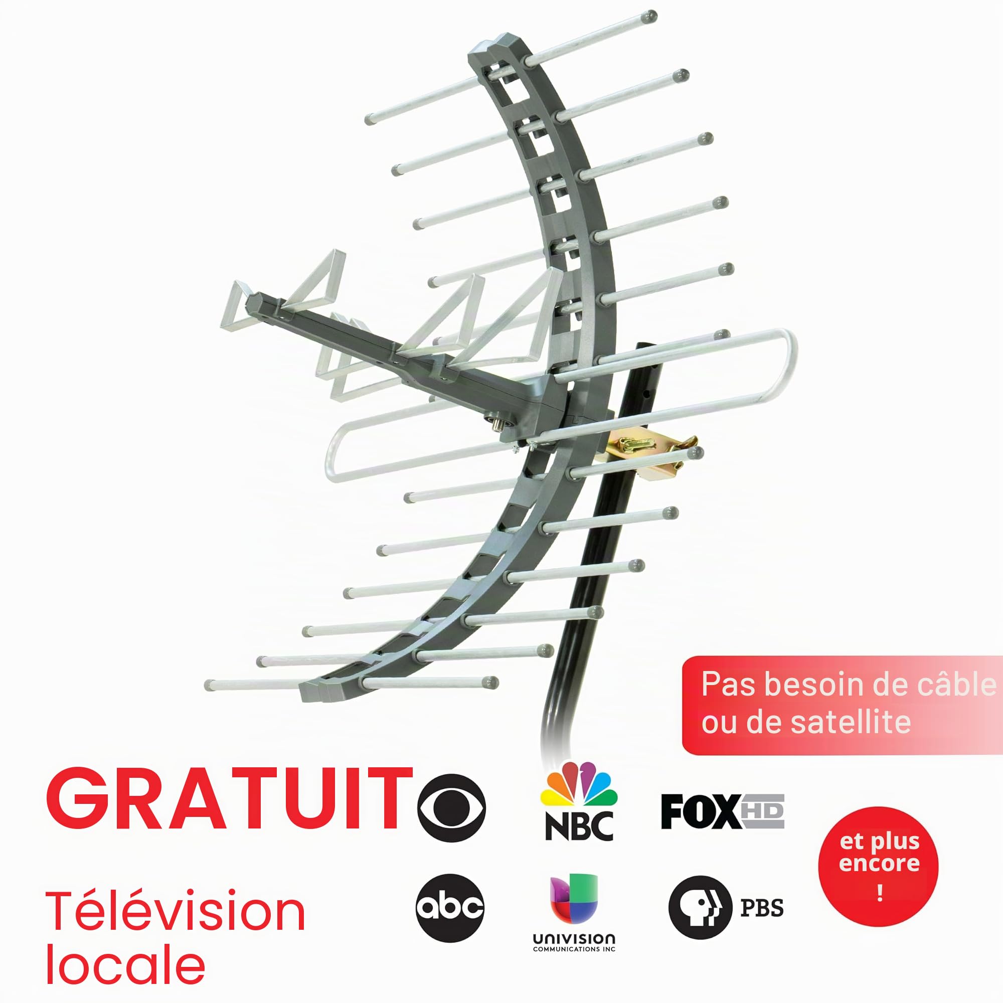 GE Antenne TV numérique d'extérieur HD Longue portée, Prend en Charge 4K 1080P HD Smart TV VHF UHF, Support J Inclus pour Grenier ou extérieur, résistante aux intempéries, 29884