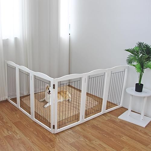 Miniatura 9 de ZJSF Puerta plegable independiente para perro, puerta de madera extra ancha blanca para cachorros, 6 paneles de puerta alta para mascotas, valla