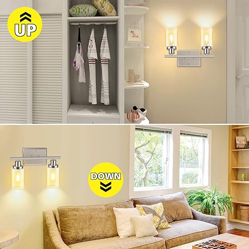 Miniatura 2 de Ascher Apliques de pared de 2 luces, moderna lámpara de tocador con pantalla de vidrio transparente, lámpara de pared de níquel cepillado para