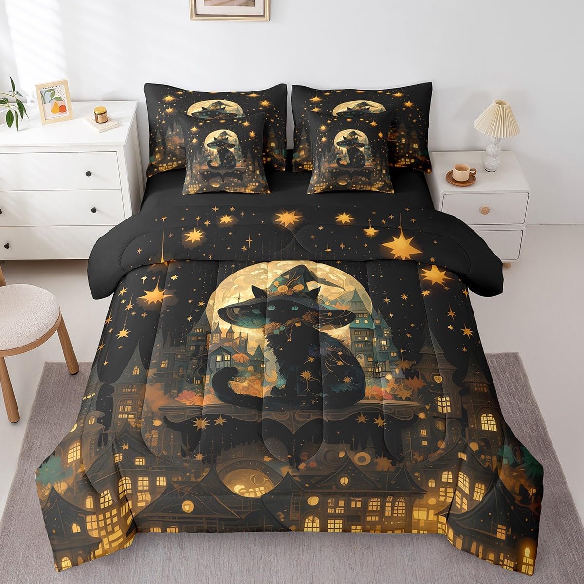 Feelyou Death Moth Skull Heads 7 Piece Bedding Set Queen Size Halloween Decor Comforter Set with Sheets for Kids Boys Girls Adult Gothic Bed in a Bag Black White Bed Set