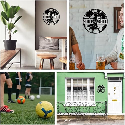 Miniatura 5 de NBEADS Decoración de pared de metal con temática de fútbol, decoración plana redonda negra mate para colgar en la pared, arte de pared para el