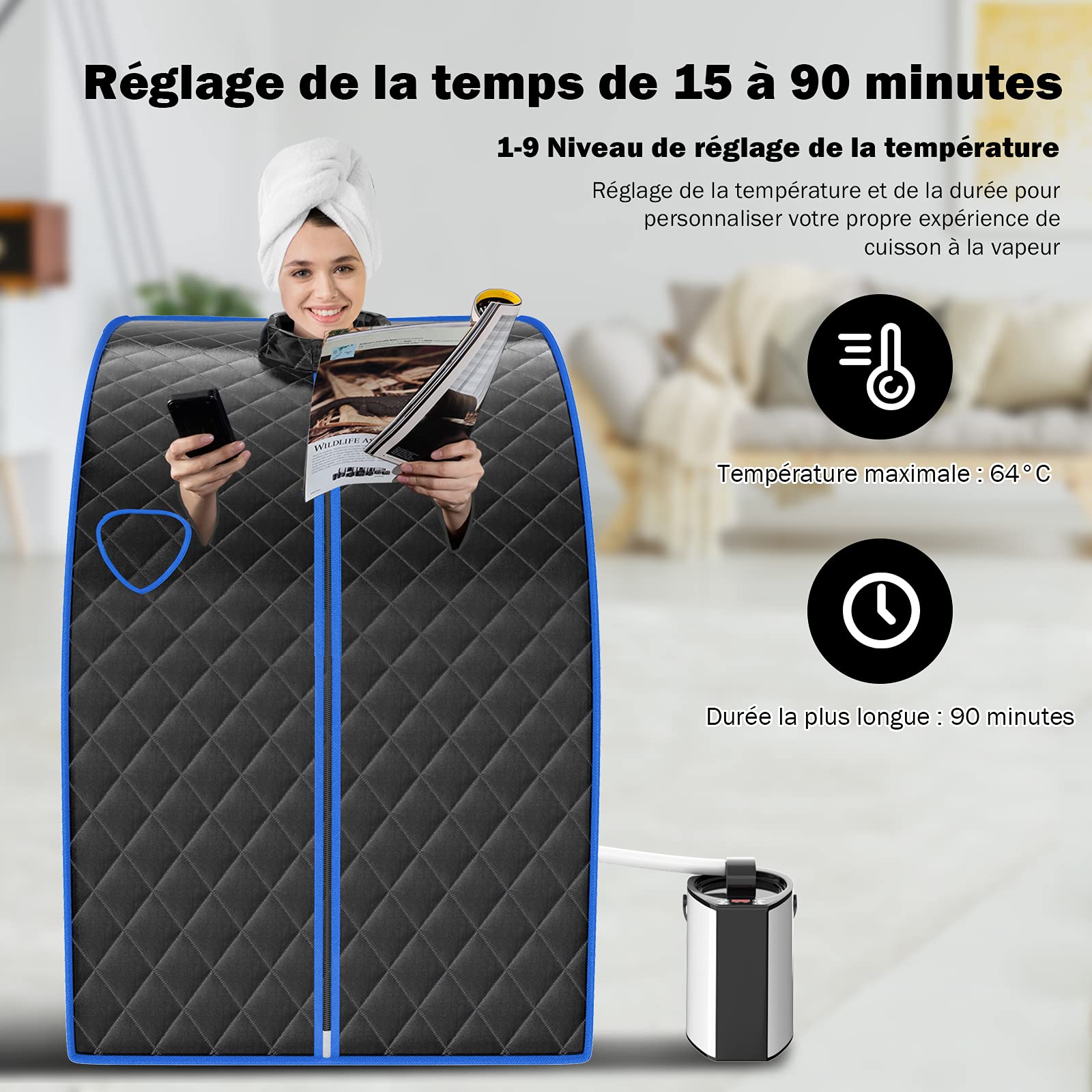 COSTWAY Sauna Cabine Pliable 1000W, 3L Sauna à Vapeur Portable avec Télécommande 9 Options de Minuterie Fonction de Vaporisation, Appareil à Vapeur Couvercle en Verre Trempé Anti-Explosion (Noir)