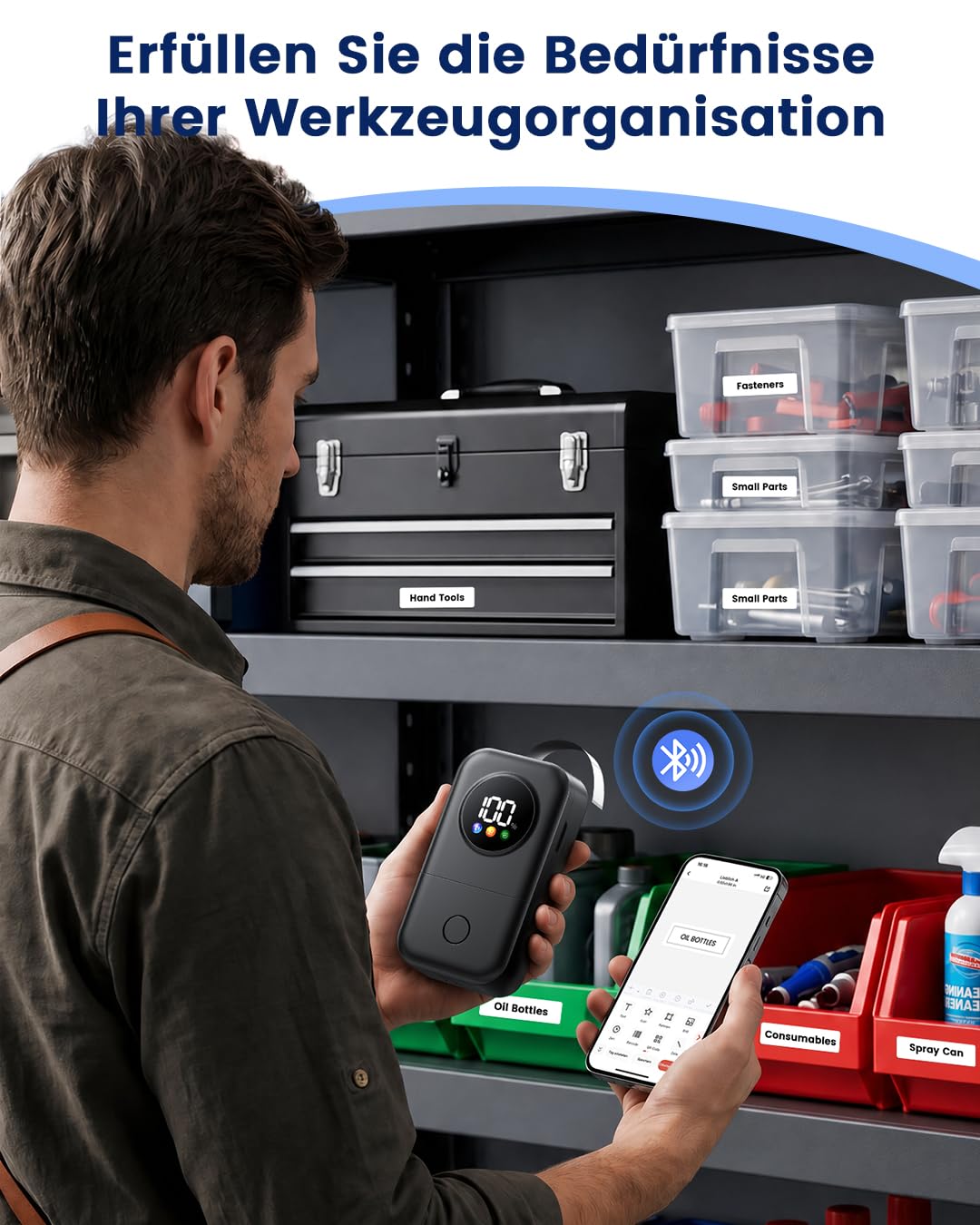 Phomemo Etikettendrucker mit 5 Etiketten, 2026 Upgraded D30D LED Smart Screen Bluetooth Etikettiergerät, Tragbarer Beschriftungsgerät selbstklebend Label Printer, Büro, Schule & Organisation – Schwarz