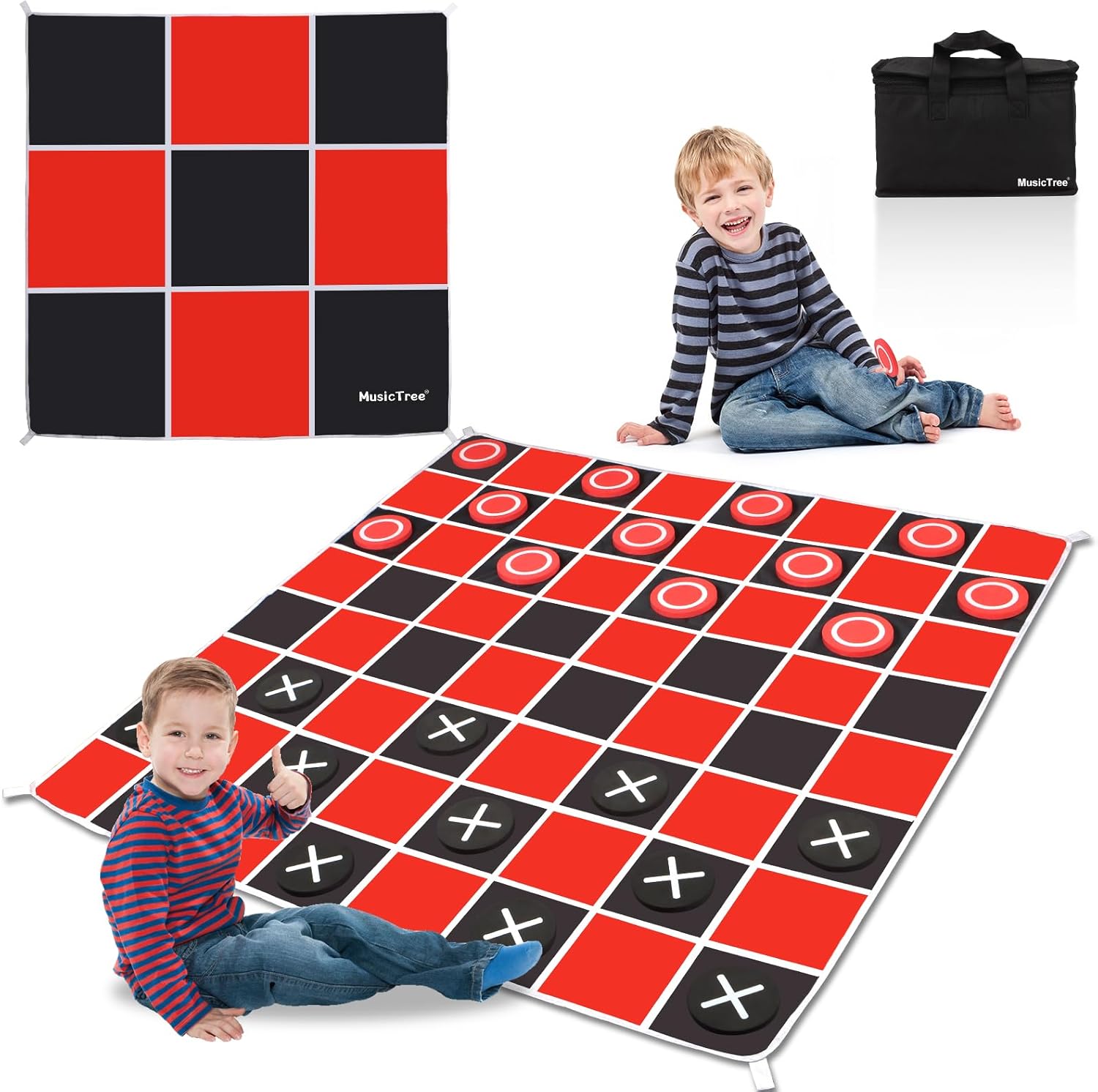 2 in 1 Giant Checkers & Large Tic Tac Toe Game Set (4.6ft x 4.6ft), Jumbo Checkers Outdoor Lawn Games with Chess Board Mat & 4 Ground Stakes, Giant Indoor Outdoor Games for Kids, Yard, Camping Party