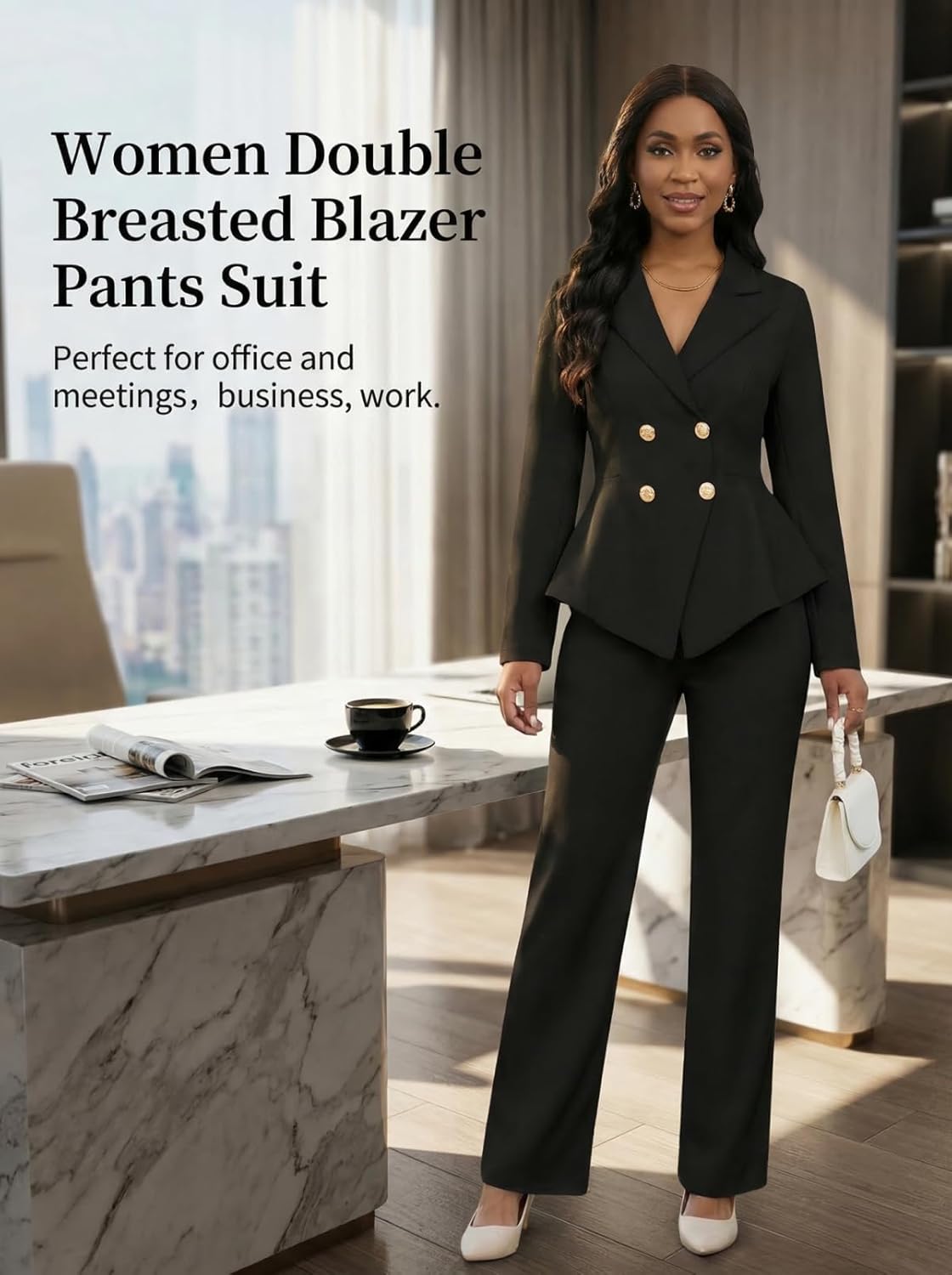 Pant Suits for Women Dressy 2 Piece Double Breasted Peplum Blazer and Wide Leg Pantsuits Business Work Office Outfits