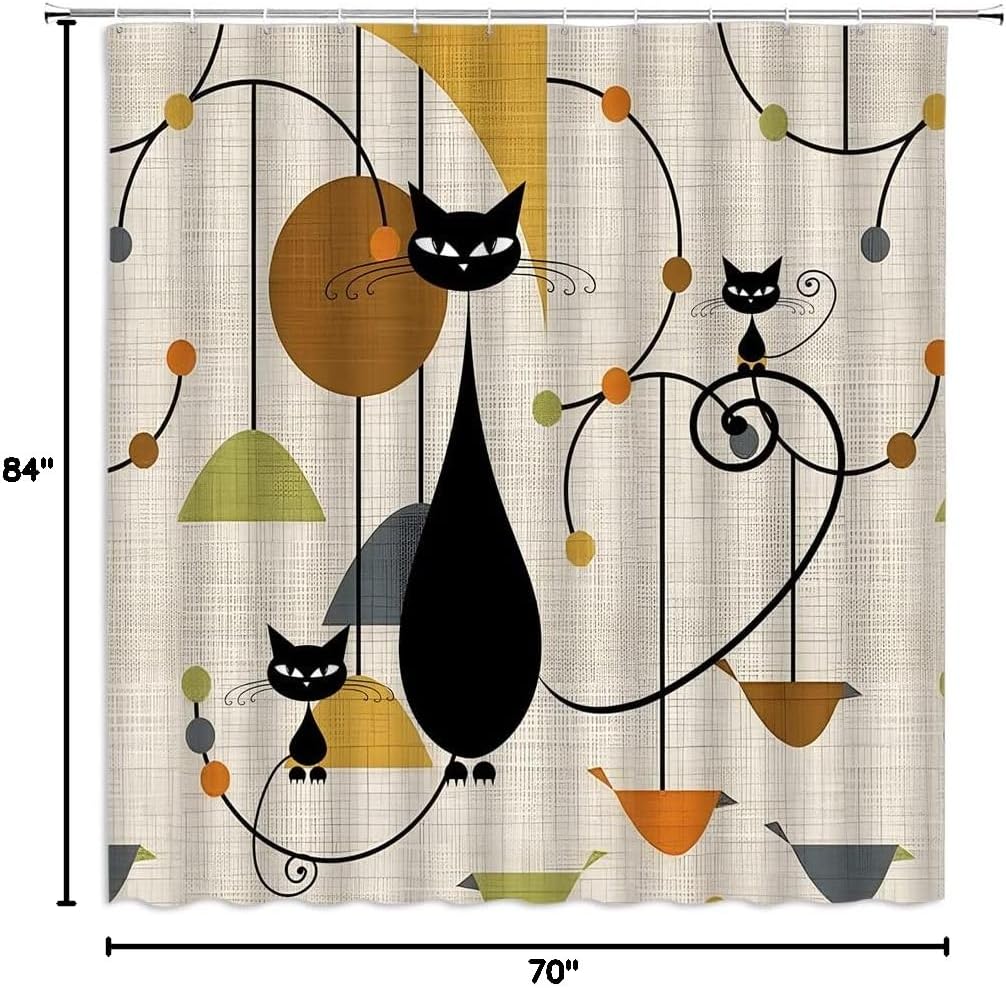 Mid Century Modern Shower Curtain Retro FUUNY Black Cat Geometric Minimalist Boho 1950s 60s 70s Vintage Fabric Bathroom Decor Curtain Sets with Hooks,Beige