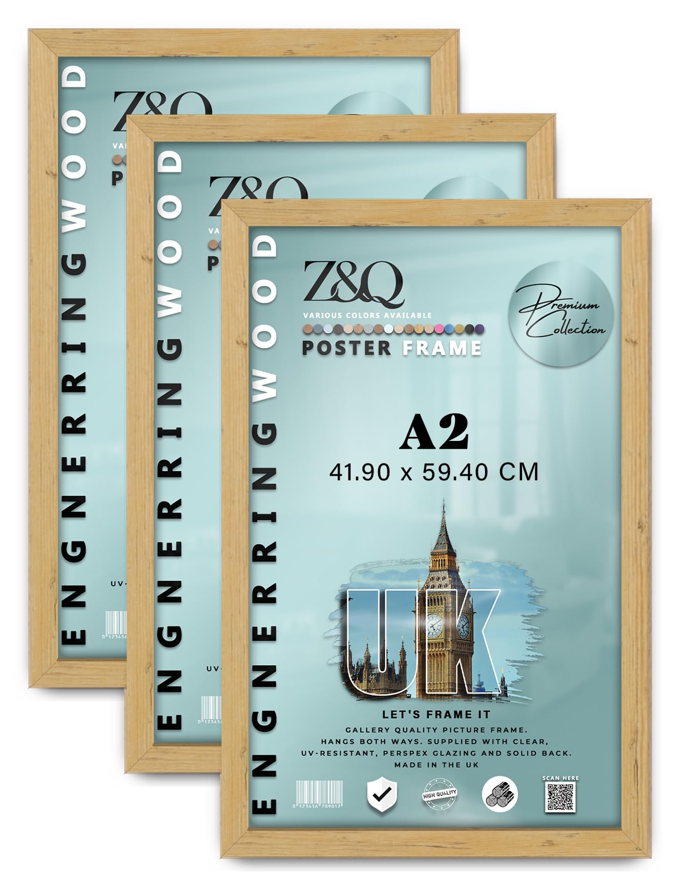 Z&Q Pack of 3 MDF Wood Finish A2 (41.90 x 59.40 CM) Poster/Picture Frame | for Art Gallery, Room Wall Decor 23 x 16 Inch Portrait/Landscape Display [ Pine ]