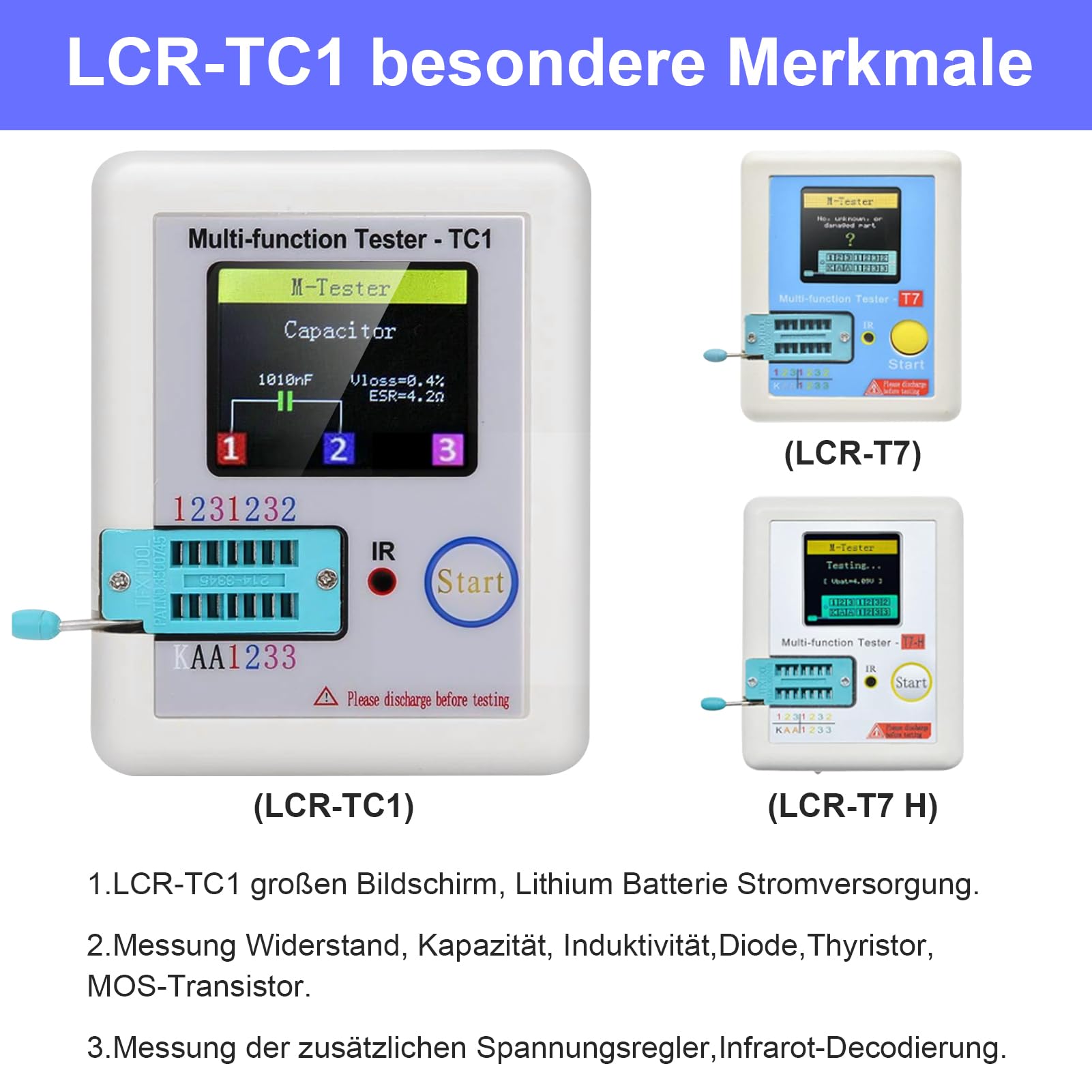 Transistor Messgerät,LCR-TC1 Multifunktionstester,Kapazitäts Widerstands ESR Tester,1,8“ Vollfarbiges Display,für Diode Triode Kondensator Widerstand Transistor LCR ESR NPN PNP MOSFET