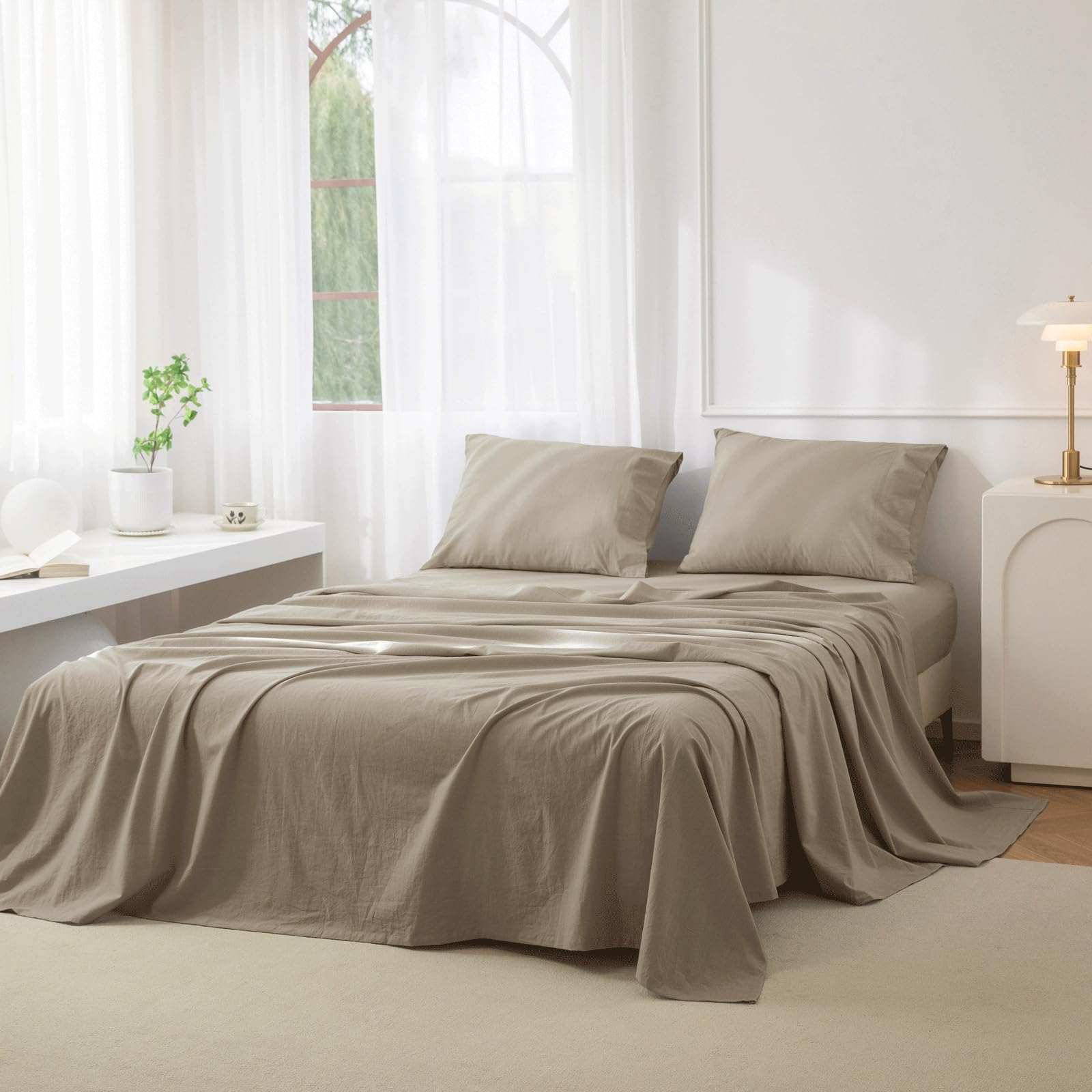 Photo 1 of JIYUAN King Size Sheet Set, 4-Piece - 100% Washed Cotton, Linen-Like Soft & Breathable, Includes Deep Pocket Fitted & Flat Sheet with 2 Pillowcases, Hotel Quality, Solid Khaki