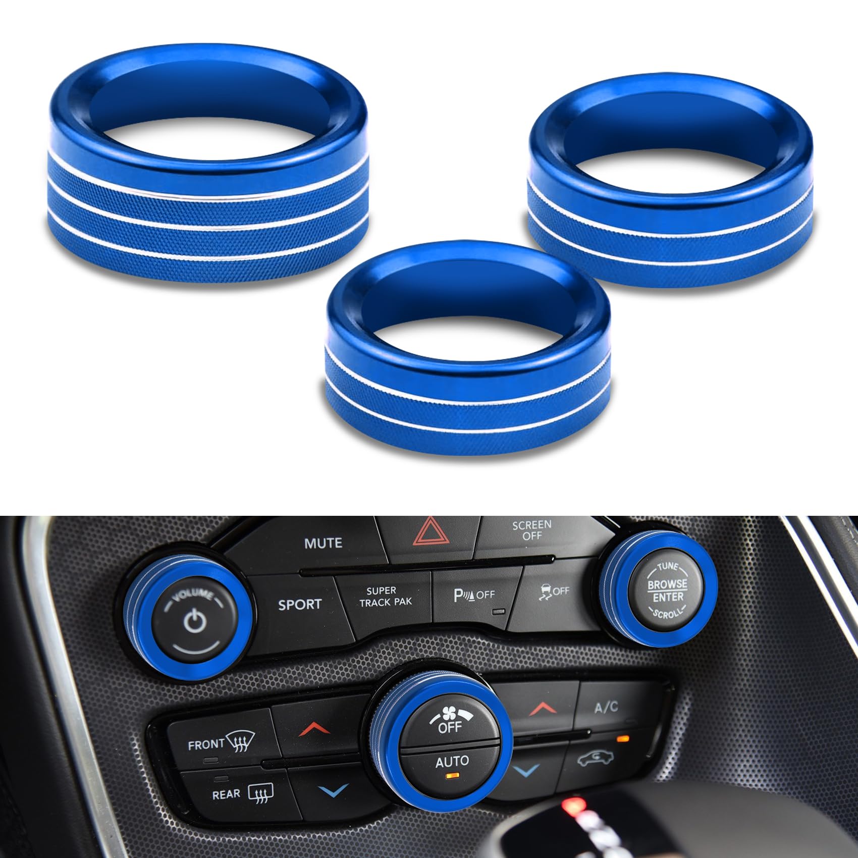 3PCS AC Air Conditioner Switch Button Knob Cover, Climate Control Knob Cover, AC Switch Volume Tune Controller Aluminum Alloy Trim, Car Accessories for Challenger Durango 2015-2022 (Blue)